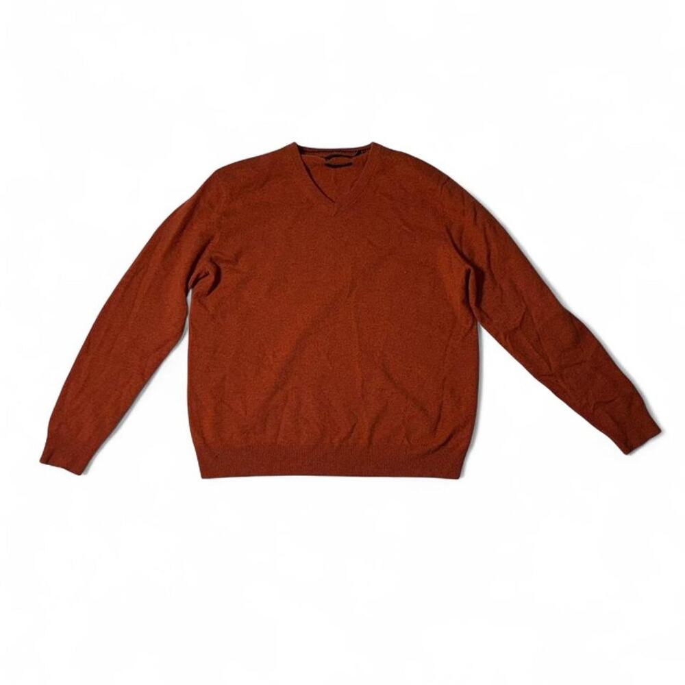 Black Brown 1826 Men's 100% Cashmere V-Neck Sweater Orange Rust XL Luxury